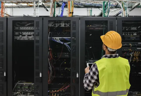 Worker in hard hat and safety vest standing in front of a server stack